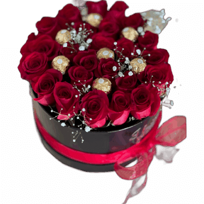 Flower Arrangement of Red Roses with Black Box and Chocolates: