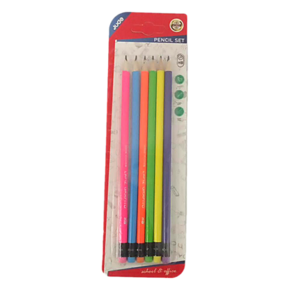 6PC PINK 6 COLOR ROUND PENCILS WITH BLACK STRIPE ERASER