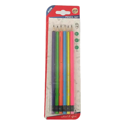 6PC FLUORESCENT 6-COLOR HEXAGONAL PENCIL WITH BLACK STRIP ERASER